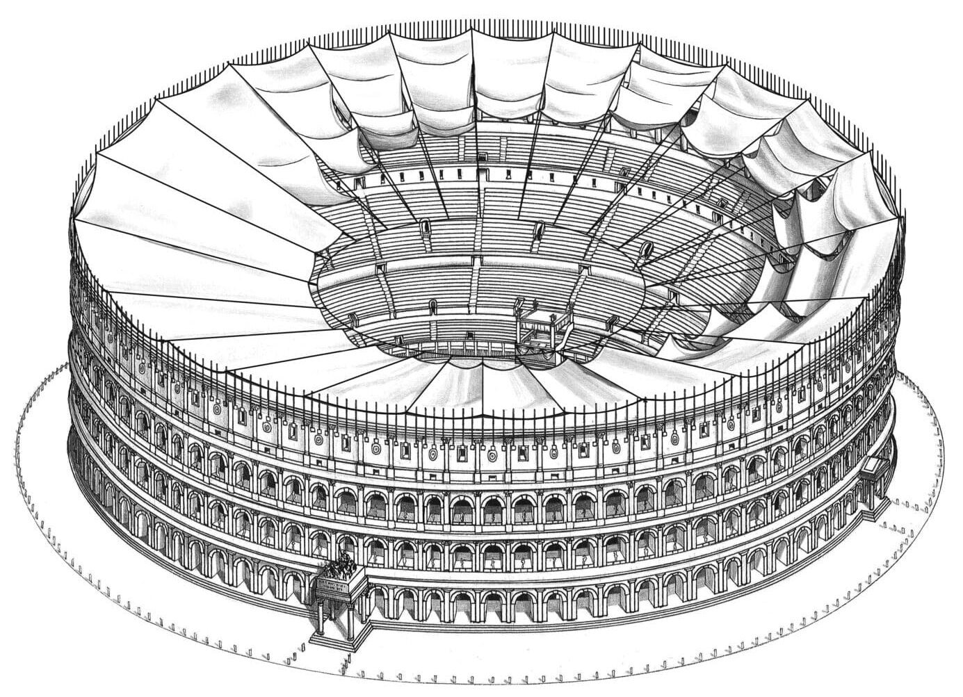 Illustration of the Colosseum in the 1st century AD complete with velarium (awning)