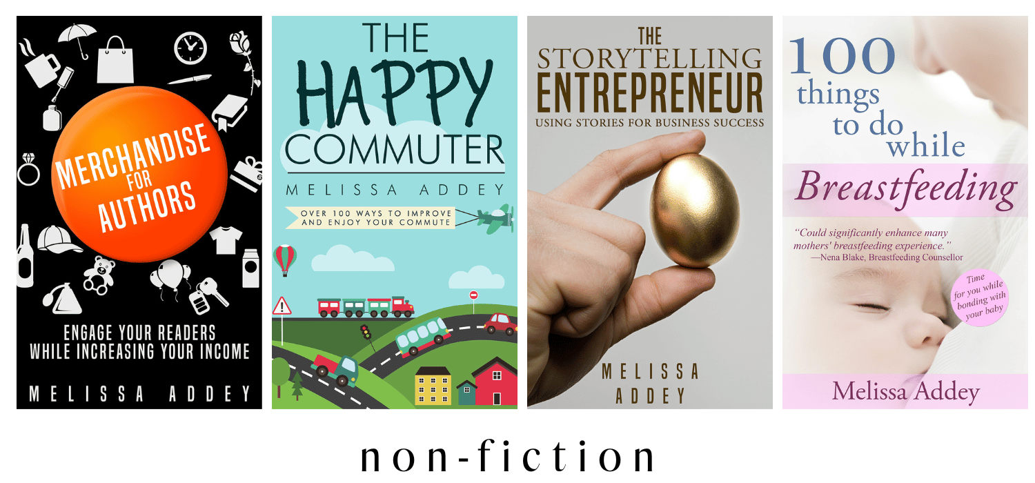 Four book covers The Happy Commuter, The Storytelling Entrepreneur, Merchandise for Authors and 100 Things to do While Breastfeeding